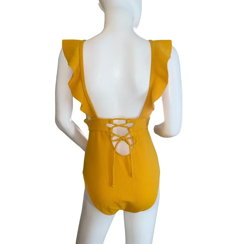 Sunset Yellow Ruffle Swimsuit, Medium, Ruffles and lace up. Deep V‎ cleavage.